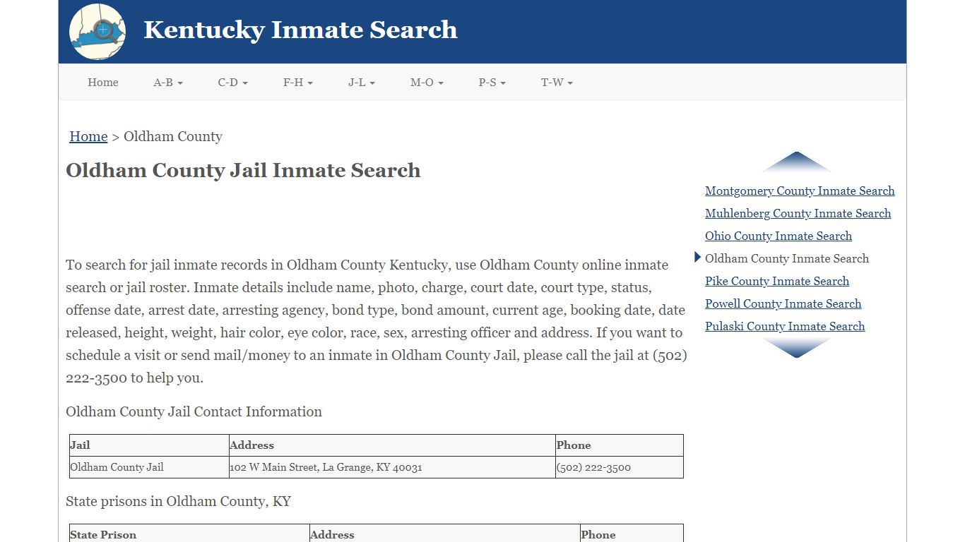 Oldham County KY Jail Inmate Search