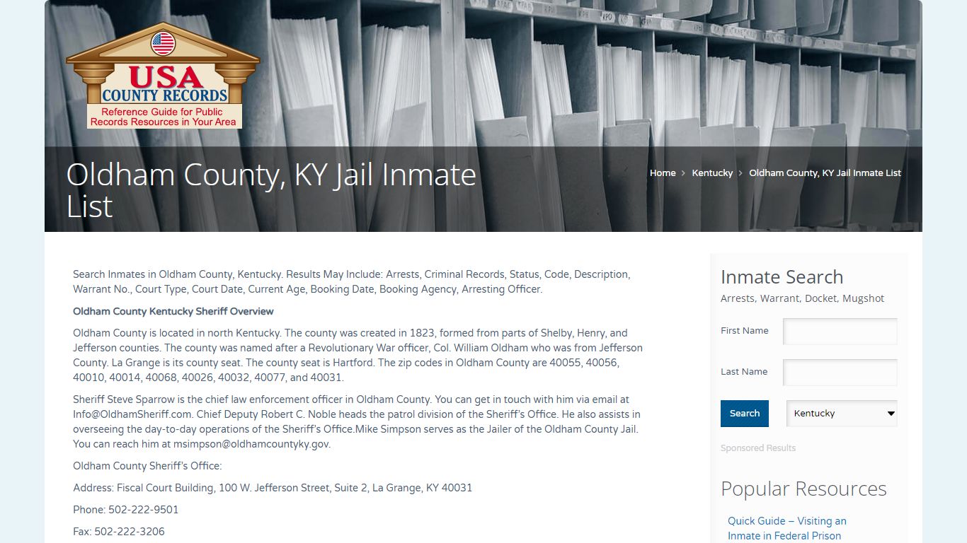 Oldham County, KY Jail Inmate List | Name Search